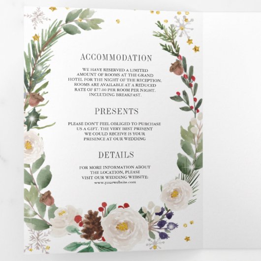 Rustikale Weihnachtsblumenmonogramm QR-Code Hochze Dreifach Gefaltete Einladung (Innen Erste Seite)