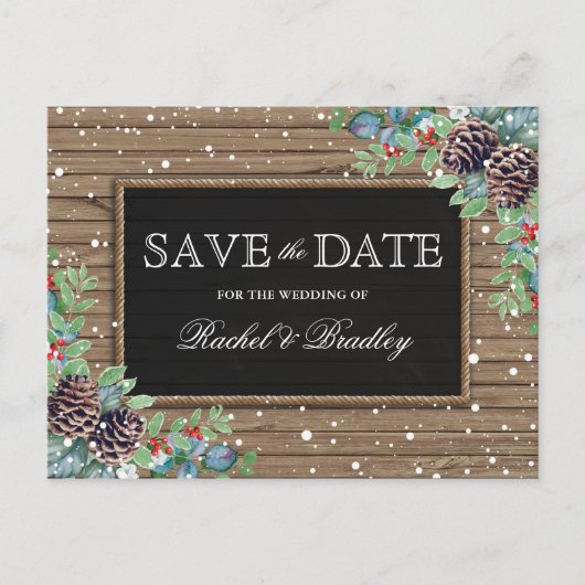 Rustikale Weihnachtsfeier Save the Date Ankündigungspostkarte (Vorderseite)
