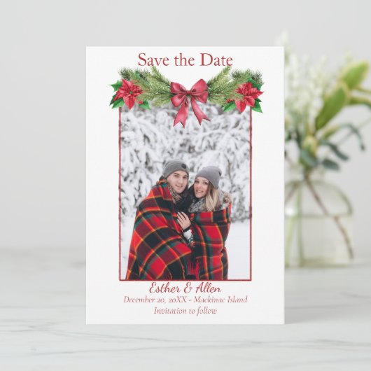 Rustikale Weihnachtsfeierlichkeiten Save the Date (Stehend Vorderseite)