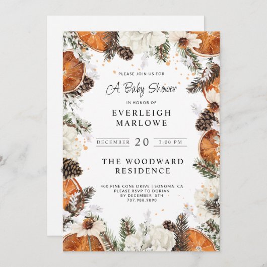 Rustikale Weihnachtsferien Kinderdusche Citrus Pin Einladung (Vorne/Hinten)