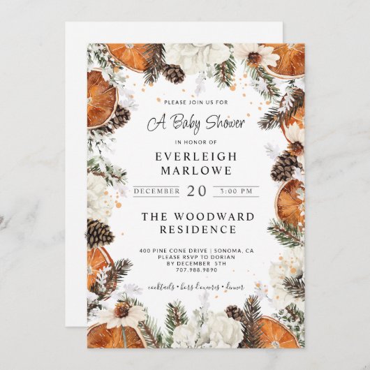 Rustikale Weihnachtsferien Kinderdusche Citrus Pin Einladung (Vorne/Hinten)