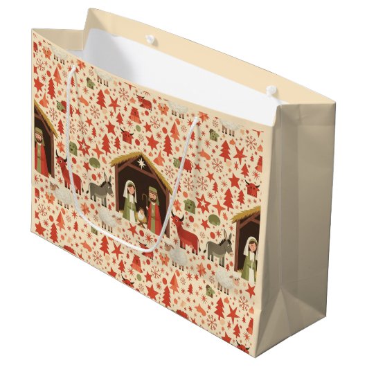Rustikale Weihnachtsgeschenktasche mit Krippenszen Große Geschenktüte (Vorderseite Schrägansicht)