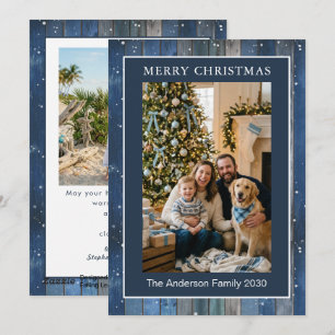 Rustikale Weihnachtskarte aus Holz in Navyblau mit Feiertagskarte