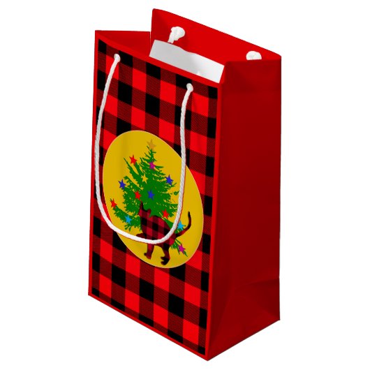 Rustikale Weihnachtskatze, Bäume und Rotes Buffalo Kleine Geschenktüte (Rückseite Schrägansicht)