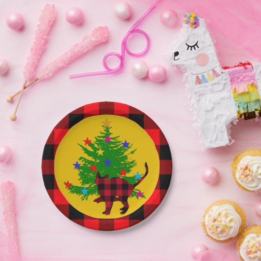 Rustikale Weihnachtskatze, Bäume und Rotes Buffalo Pappteller (Party)
