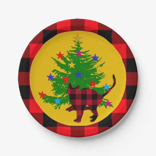Rustikale Weihnachtskatze, Bäume und Rotes Buffalo Pappteller (Vorderseite)