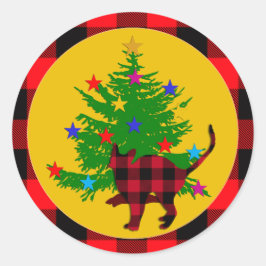 Rustikale Weihnachtskatze, Bäume und Rotes Buffalo Runder Aufkleber