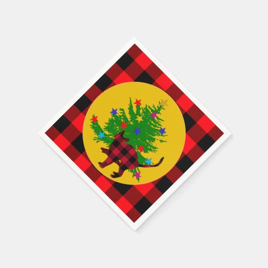 Rustikale Weihnachtskatze, Bäume und Rotes Buffalo Serviette (Ecke)