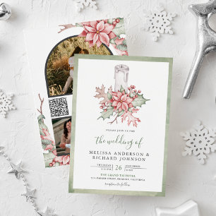 Rustikale Weihnachtskerze mit Poinsettie QR-Code H Einladung
