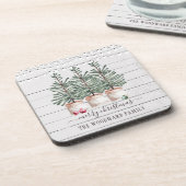 Rustikale Weihnachtskiefernbäume Snow String Light Getränkeuntersetzer (Linke Seite)