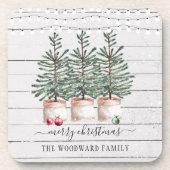 Rustikale Weihnachtskiefernbäume Snow String Light Getränkeuntersetzer (Vorderseite)