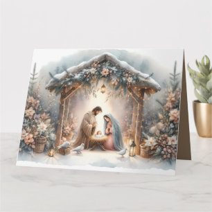 Rustikale Weihnachtskrippe mit winterlichen Blumen Karte