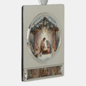 Rustikale Weihnachtskrippenszene mit Winterblumen Banner-Ornament Silber (Rechts)