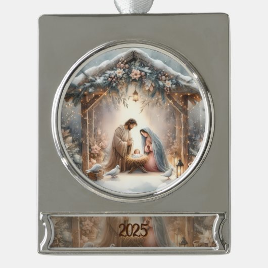 Rustikale Weihnachtskrippenszene mit Winterblumen Banner-Ornament Silber (Vorderseite)