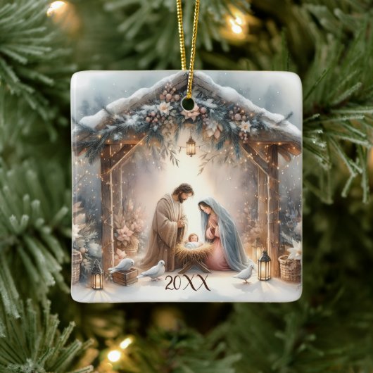 Rustikale Weihnachtskrippenszene mit Winterblumen Keramikornament (Baum)