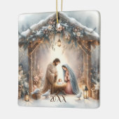 Rustikale Weihnachtskrippenszene mit Winterblumen Keramikornament (Links)