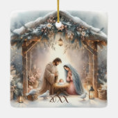 Rustikale Weihnachtskrippenszene mit Winterblumen Keramikornament (Rückseite)