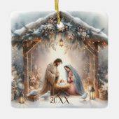 Rustikale Weihnachtskrippenszene mit Winterblumen Keramikornament (Vorderseite)