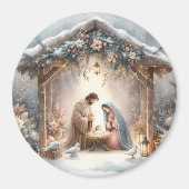 Rustikale Weihnachtskrippenszene mit Winterblumen Magnet (Vorne)