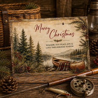 Rustikale Weihnachtslandschaft mit See und Kanu | Feiertagskarte