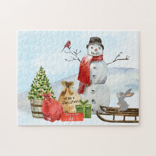 Rustikale Weihnachtslandschaft Schneemann, Schnee, Puzzle (Horizontal)