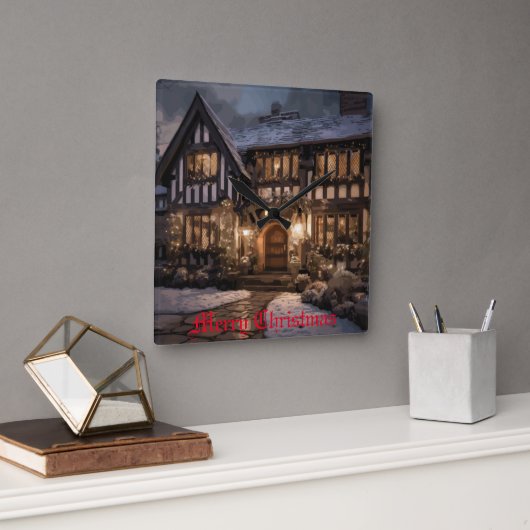 Rustikale Weihnachtsmagie Quadratische Wanduhr (Büro)