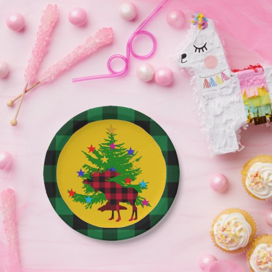 Rustikale Weihnachtsmaus, Baum, grünes Buffalo kar Pappteller (Party)