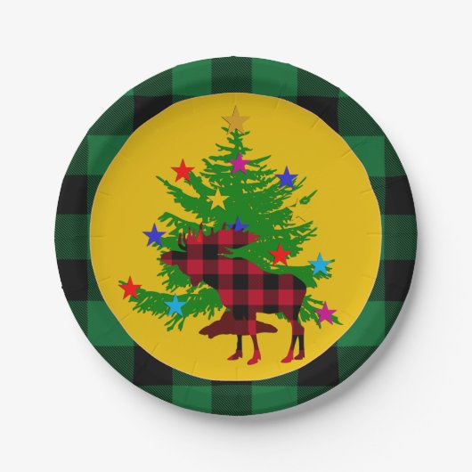 Rustikale Weihnachtsmaus, Baum, grünes Buffalo kar Pappteller (Vorderseite)