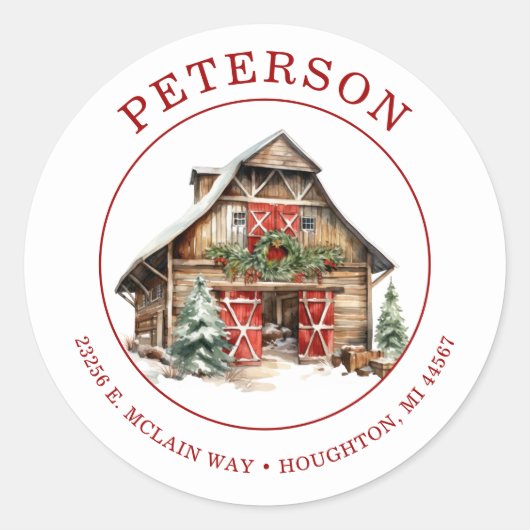 Rustikale Weihnachtsstall-Rücksendeadressen-Aufkle Runder Aufkleber (Vorderseite)