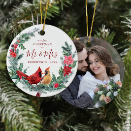 Rustikale Weihnachtsvögel Wreath Mr. & Mrs. Foto Keramik Ornament