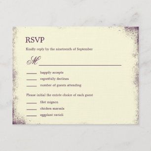 Rustikale Weinberghochzeit RSVP mit Menü - Lila Karte
