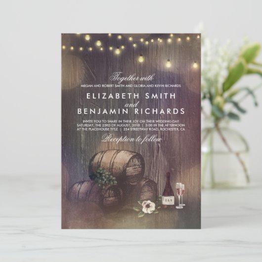 Rustikale Weinkellerei und Hochzeit von String Lig Einladung (Stehend Vorderseite)