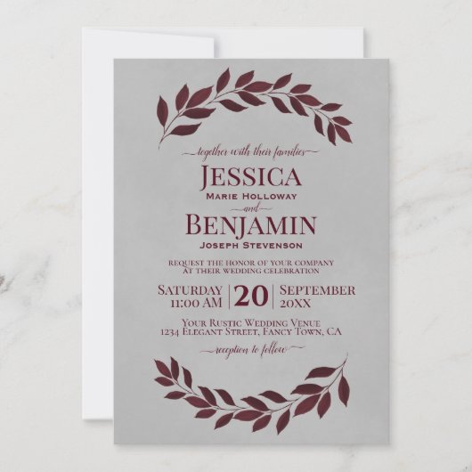 Rustikale Weinreben Elegantes Burgund & Gray Weddi Einladung (Vorderseite)