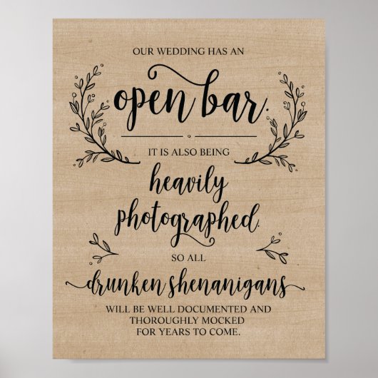 Rustikale Weinreben Hochzeit Open Bar Drunken Zeic Poster (Vorne)