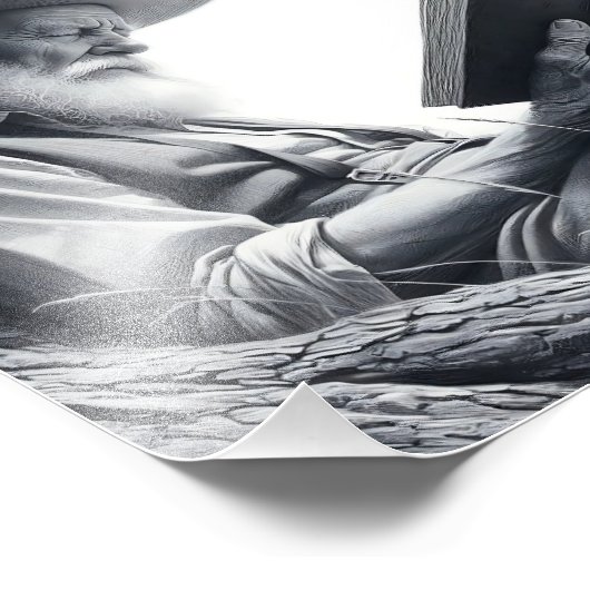 Rustikale Weisheit: Bartter Mann liest draußen Fotodruck (Ecke)