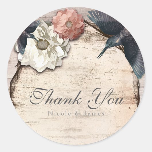 Rustikale Weiße Birke Floral & Hummingbird Gefalle Runder Aufkleber (Vorderseite)