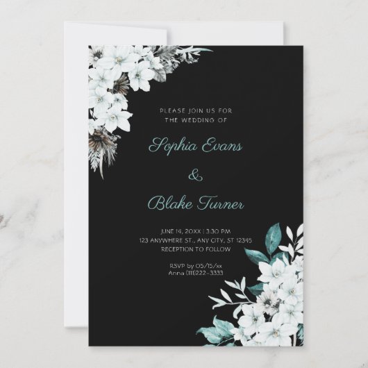 Rustikale Weiße Blume Boho Black Wedding Einladung (Vorderseite)