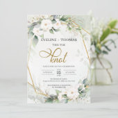 Rustikale Weiße Blume Grün Gold oval den Knoten Einladung (Stehend Vorderseite)