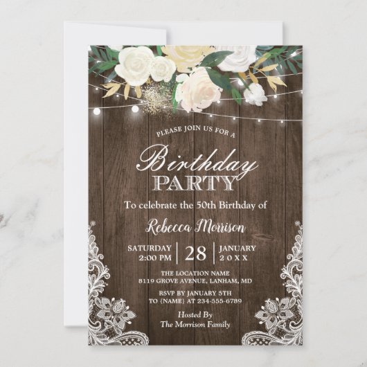 Rustikale weiße Blumenstrauß-Lichter Geburtstagspa Einladung (Vorderseite)