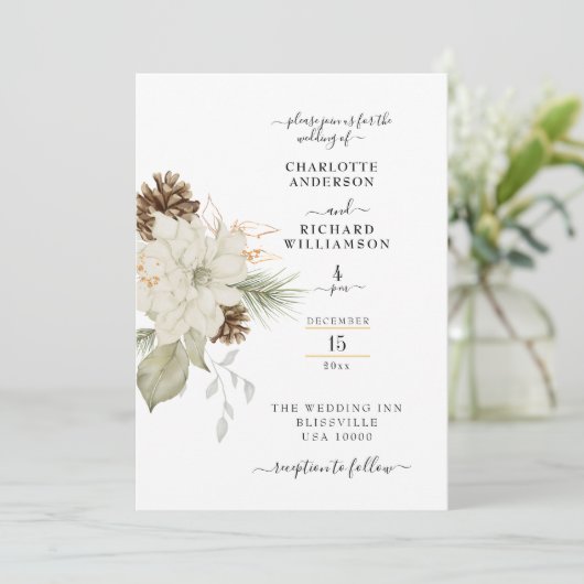 Rustikale weiße Blüte mit Pinecone Einladung (Stehend Vorderseite)