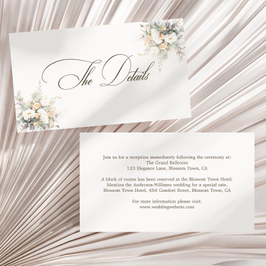 Rustikale weiße Blüten Hochzeitsdetails Begleitkarte