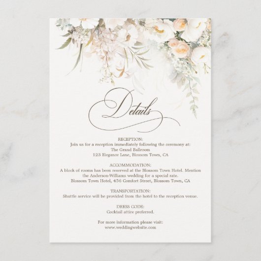 Rustikale weiße Blüten Hochzeitsdetails Begleitkarte (Vorderseite)