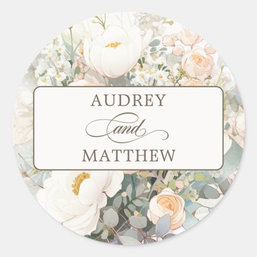 Rustikale weiße Blütenhochzeit Runder Aufkleber (Vorderseite)