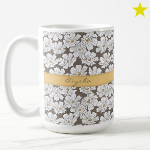 Rustikale weiße Blütenskizze gelbgrau benutzerdefi Kaffeetasse