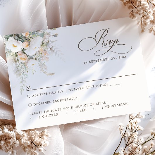 Rustikale, weiße Blütenspeisen - Optionen für die RSVP Karte