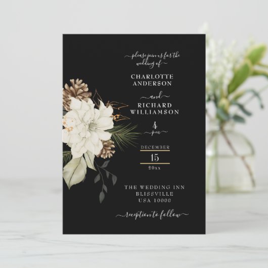 Rustikale weiße Flora mit Pinecone Ice Black Einladung (Stehend Vorderseite)