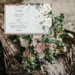 Rustikale weiße florale Holz-Hochzeit in Hellgrün Einladung