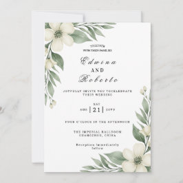 Rustikale Weiße Gardenie und Eukalyptus Hochzeit Einladung