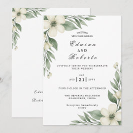 Rustikale Weiße Gardenie und Eukalyptus Hochzeit Einladung
