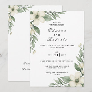 Rustikale Weiße Gardenie und Eukalyptus Hochzeit Einladung